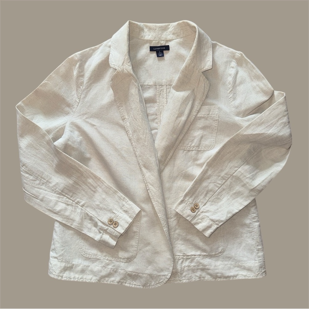 Women's Linen Blend Cream Open Front‎ Blazer Size L 14-16